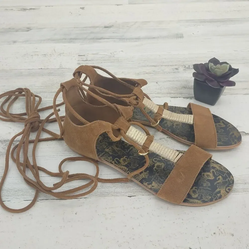 Free People NEW Brown Leather/Suede Ankle Wrap Straps Sandals Gold Size 7.5